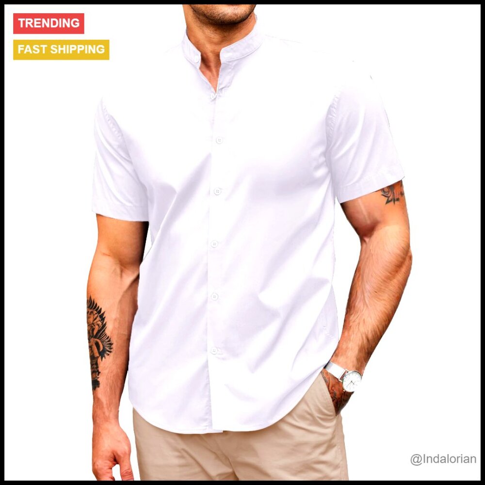 Muscle Fit Dress Shirt Banded Collar Casual Button Down Athletic Slim